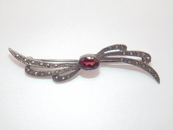 Sterling Ruby Red Stone W/ Rhinestones Brooch