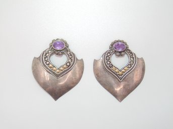 Sterling Purple Stone Shield Looking Earrings 10.0g