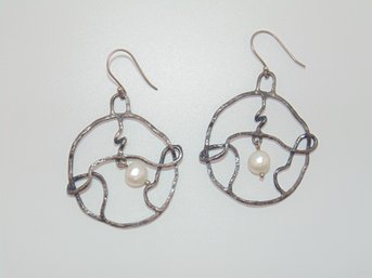 Sterling Abstract Art With Pearl Bead Hook Earrings 9.2g