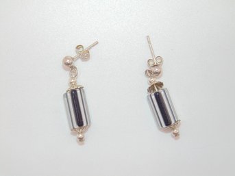 Sterling Black, White Striped Clear Bead Stud Drop Earrings 3.2g