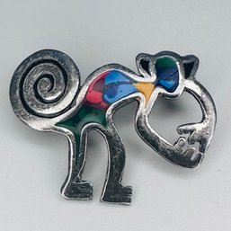 Sterling Silver Multicolored Monkey Pin, 3.57 G.