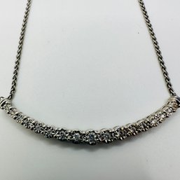 Sterling Silver Wheat Chain Necklace With Clear Colored Stones On Bar Pendant 6.02 G.