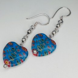 MILLEFIORI Glass Sterling Silver Heart Dangle Earrings, 4.18 G.