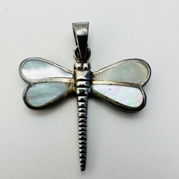 Sterling Silver Dragonfly Pendant With Opal Colored Wings, 3.45 G.