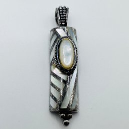 Sterling Silver Long Pendant With Opal And White Colored Stone And Beaded Detail, 6.67 G.