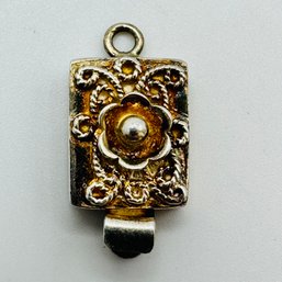 Gold Colored Sterling Silver Rectangle Pendant With Intricate Flower, Design And Removable Piece 4.47 G.