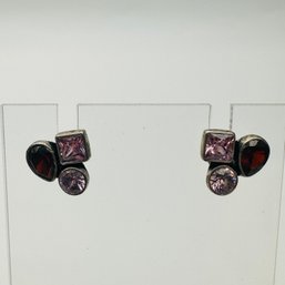 Sterling Silver Stud With Pink And Red Colored Stones In Cluster 1.97 G.