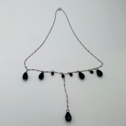 Sterling Silver Figaro Chain Lariat Necklace W/ Black Beads, 5.26 G.