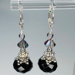 Sterling Silver Dangle Earrings W/ Black & Silver Bead Design, 6.32g