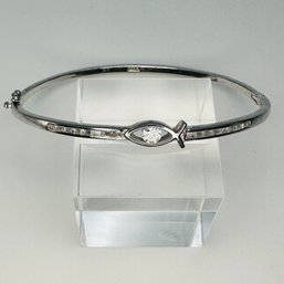 Sterling Silver Hinged Bracelet With Clear Stones And Fish Design Marked S. 8.49 G.