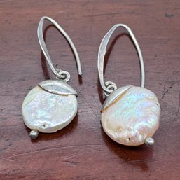 Coin Pearl & Sterling Hook Earrings - 3.84 Grams