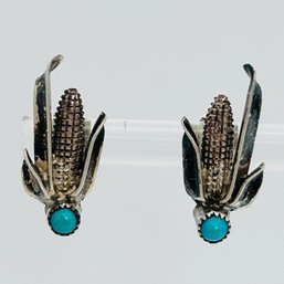 Turquoise Sterling Silver Native American Mcorn Earrings 2.06 G