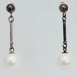 Pearl Sterling Silver Drop Dangle Earrings Pushbacks 2.28 G