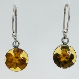 ATI Mexico, Sterling Silver Resin Set Flower Dangle Earrings 2.74 G