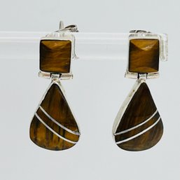 Mexico, Sterling Silver, Taxco , Tigers Eye Stone  Dangle Earrings 2.51 G