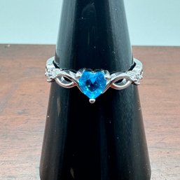 Bright Blue Crystal Heart Ring, Sterling - 1.73 Grams - Size 8