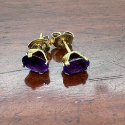 Oval Amethyst Post Earrings - Gold Over Silver - 0.64 Grams