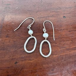 Oval Sterling Dangle Earrings With Pearl Accents - 1.85 Grams