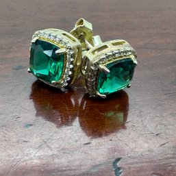 Gold Over Sterling Green Crystal Earrings - 2.76 Grams