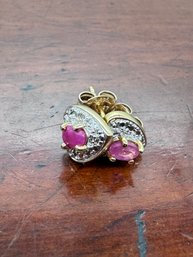 Pale Ruby & Pave Stone Earrings - Gold Over Silver - 1.87 Grams