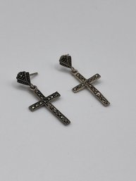Sterling Cross Earrings With Black And Silver Toned Design 1.92g