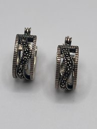 Sterling Hoop Earrings With Detailed Black Design, 5.66g