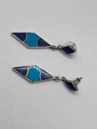 Sterling Lapis And Turquoise Inlay Earrings 6.52g