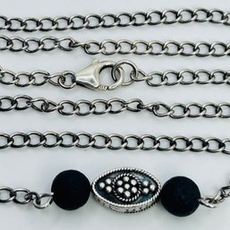 Sterling Silver Curb Chain Necklace With Black Bead And Oval Pendant. 13.44 G.