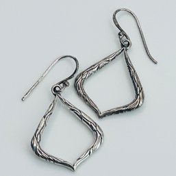 Sterling Silver, Beautiful Wood Design Dangle Hook Back Earrings. 3.25 G.