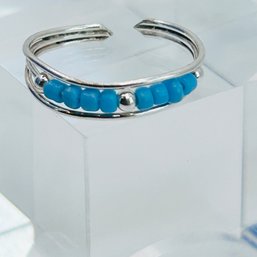 Sterling Silver Stacked Blue Beaded Ring. Adjustable Size. 0.74 G.