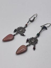 Sterling Sun Earrings With Rose Colored Stone, 7.1g