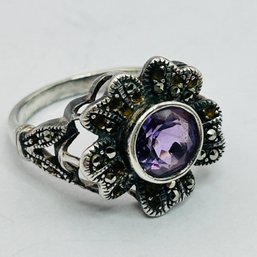 Sterling, Silver Amethyst And Marcasite Statement Ring Size 9, 5.08 G