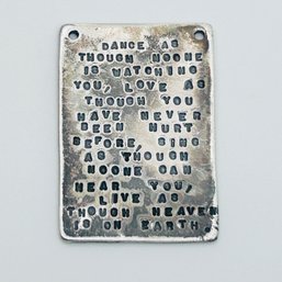 KCB  SOUZA, Sterling Silver Square Pendant. Quote Engraved. 5.61 G.