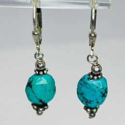 Sterling Silver Hinge Back Dangle Earrings With Turquoise Stone, 3.12 G