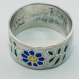 Thailand, Sterling, Silver Wide-band Ring, Colorful Flower Detail Size 8, 4.4 G