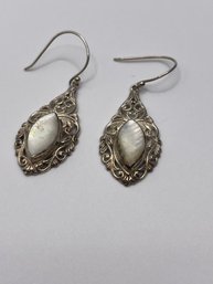 Sterling Dangle Earrings With White Stone And Cut Out Swirl Design 7.0g