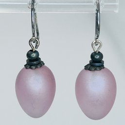 Sterling Silver Frosted Pink Oval Dangle Earrings. 4.22g.