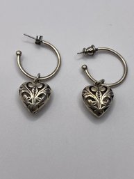 Sterling Hoop Earrings With Dangle Hearts 8.72g