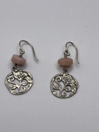 Sterling  Dangle Earrings With Pink Stone And Flower Cut Out 4.57g