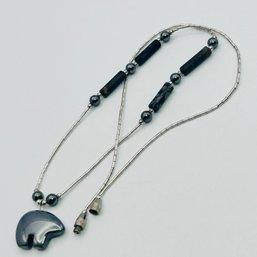 Sterling Silver Beaded Necklace With Gray Stone Bear Pendant, 8.64 G