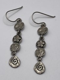 Sterling Dangle Earrings With Flower And Swirl Design On Discs 6.1g