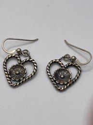 Sterling Heart Dangle Earrings With Flower Disc 5.0g