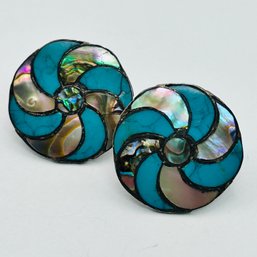 Sterling Silver Earrings Abalone Pinwheel Design Screw Back Clip On 5.24 G