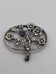 Sterling Pin With Flower, Cut Out Design And Purple Gem 3.87g