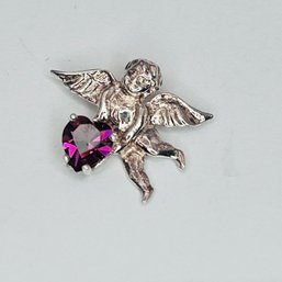 Sterling Silver Cupid Pendant And Purple Stone 1.07 G