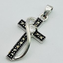 Thai Sterling, Silver Cross Pendant, Marcasite And Clear Stone 2.23 G