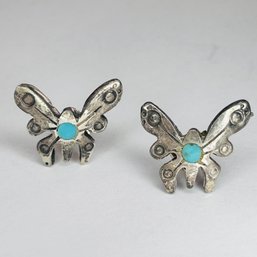 Sterling Silver Stud Back Butterfly Earrings With Turquoise Colored Stone, 3.01 G