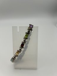 Sterling Silver Bracelet. Multi Colored Glass Stones Unique Clasp 15.58g