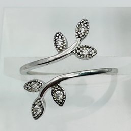 IBB CN Sterling Silver Bypass Ring With Leaf Design And Clear Stones Adjustable Size 7, 1.59 G