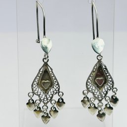 Sterling Silver Hook Back Dangle Earrings With Dangle Hearts And Filigree Detail 3.8 G